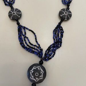Black and blue beaded necklace with 3 grey stones, ladies jewelry, pre-owned